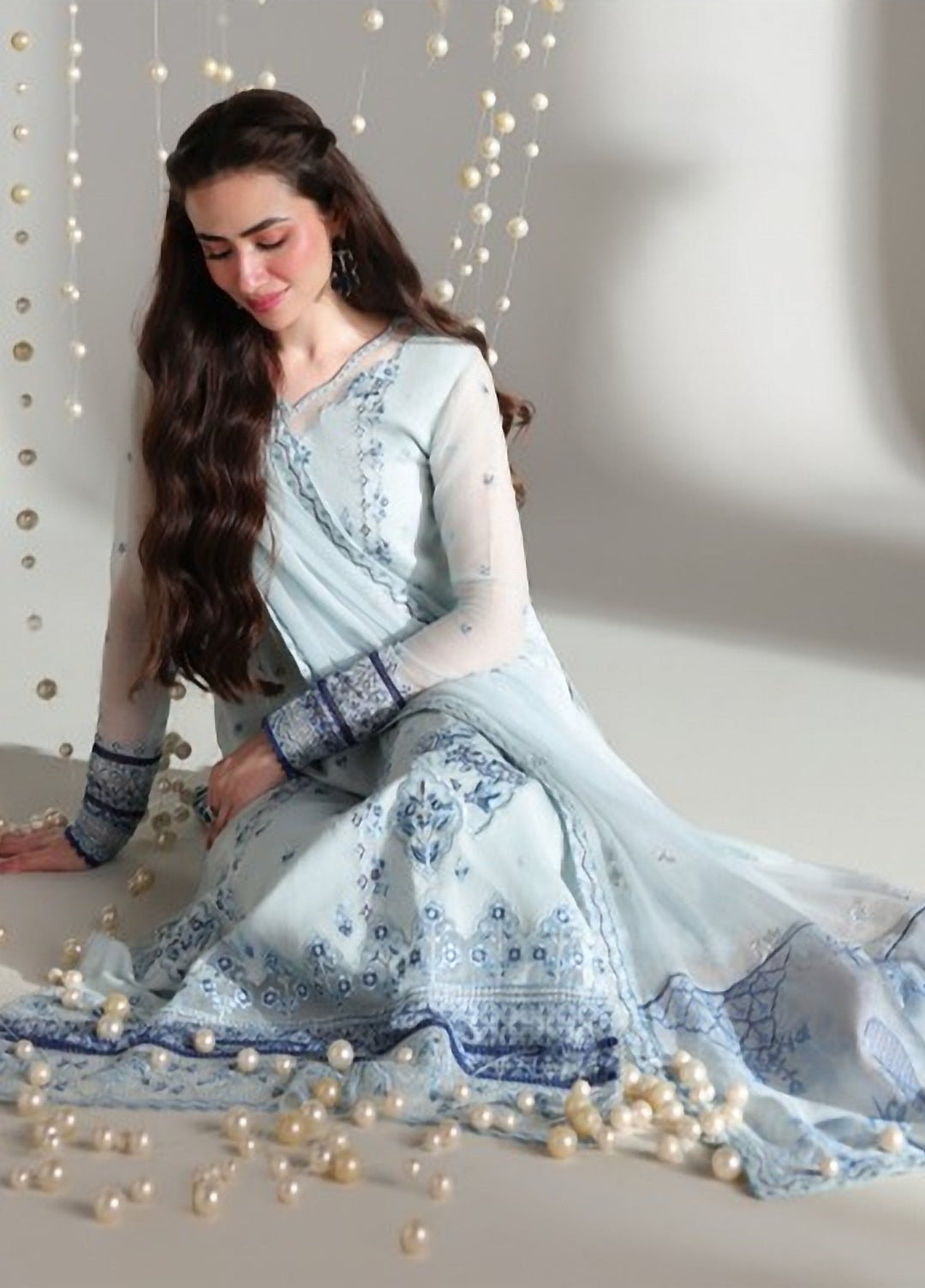 Ensembles by Azure Unstitched Embroidered Chiffon 3 Piece Suit AZ26UEF AQUARIA - Festive Collection