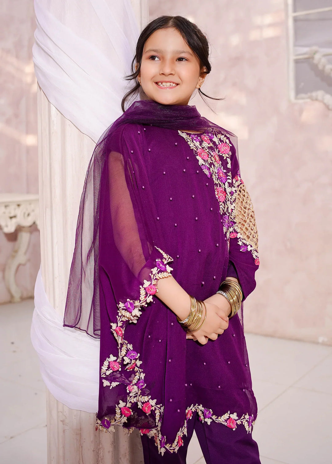 Modest Girls RTW Embroidered Chiffon 3 Piece Suit Pearl Cape Wedding Collection