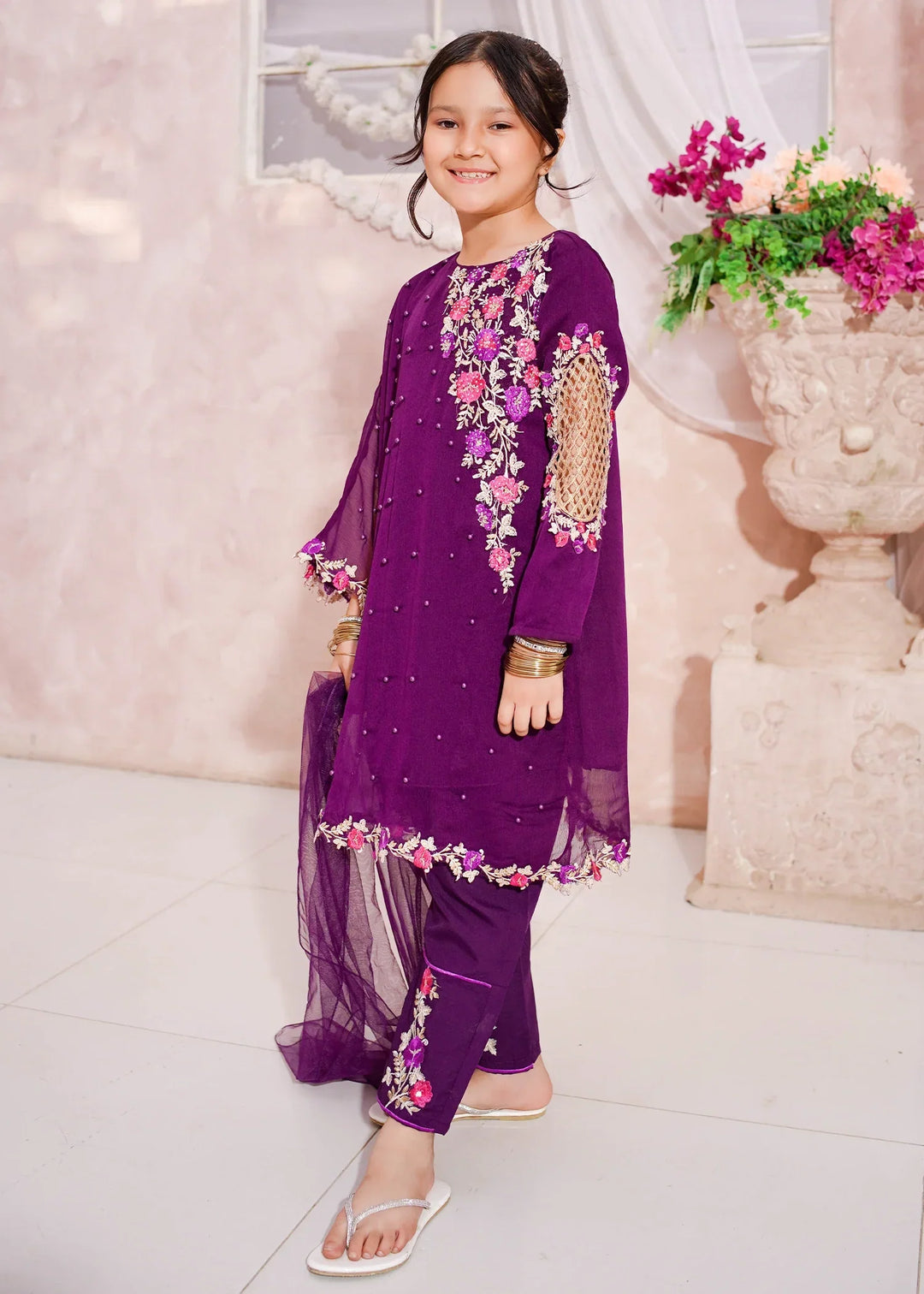 Modest Girls RTW Embroidered Chiffon 3 Piece Suit Pearl Cape Wedding Collection