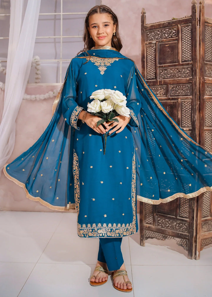 Modest Girls RTW Embroidered Crinkle 3 Piece Suit Blue-C1 Festive Collection