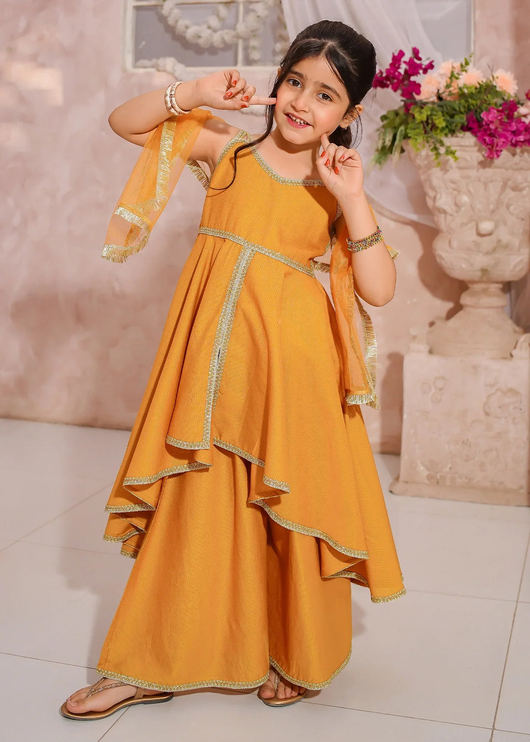 Modest Girls RTW Embroidered Cotton 3 Piece Suit Yellow Sharara Festive Collection