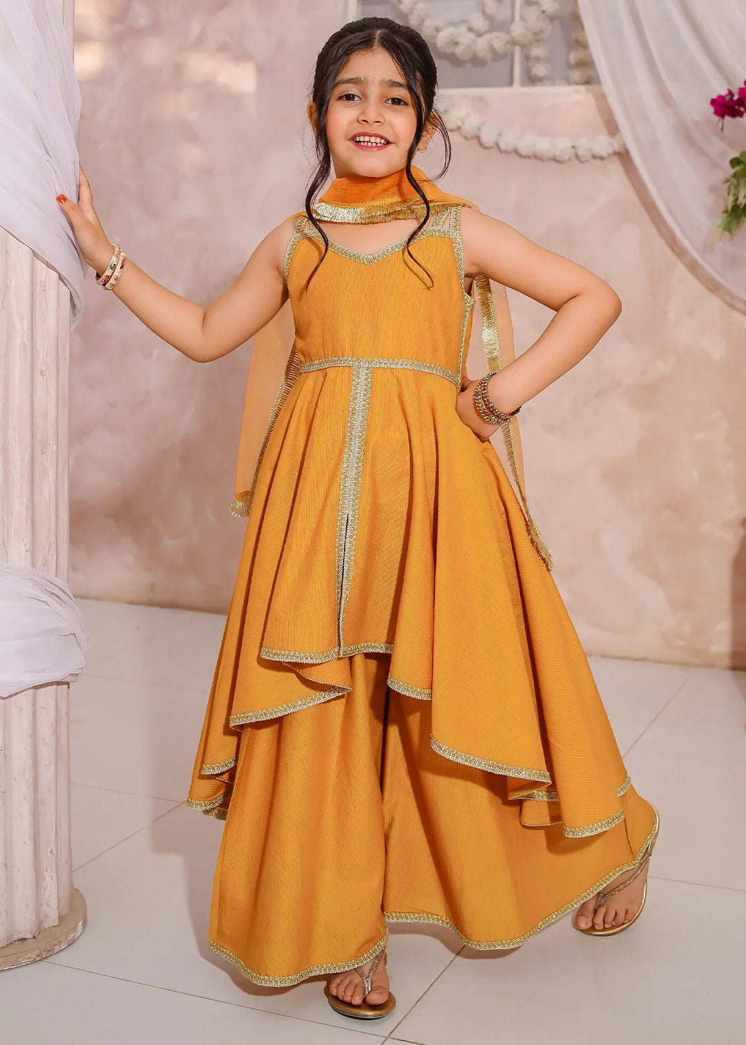 Modest Girls RTW Embroidered Cotton 3 Piece Suit Yellow Sharara Festive Collection