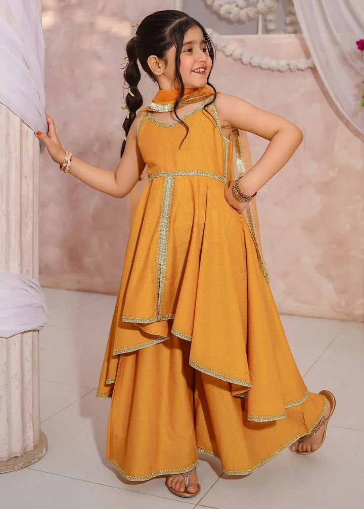 Modest Girls RTW Embroidered Cotton 3 Piece Suit Yellow Sharara Festive Collection