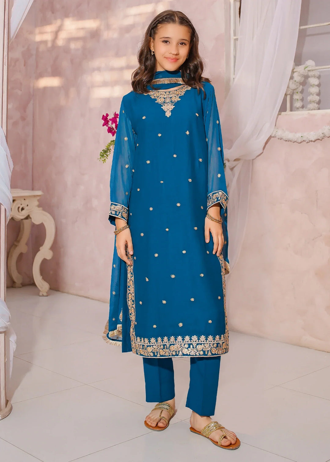 Modest Girls RTW Embroidered Crinkle 3 Piece Suit Blue-C1 Festive Collection