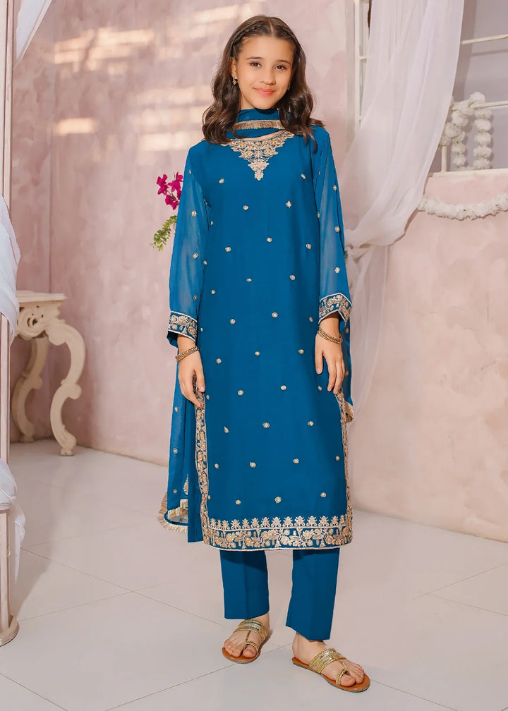 Modest Girls RTW Embroidered Crinkle 3 Piece Suit Blue-C1 Festive Collection