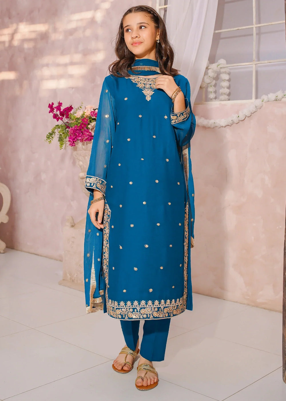 Modest Girls RTW Embroidered Crinkle 3 Piece Suit Blue-C1 Festive Collection