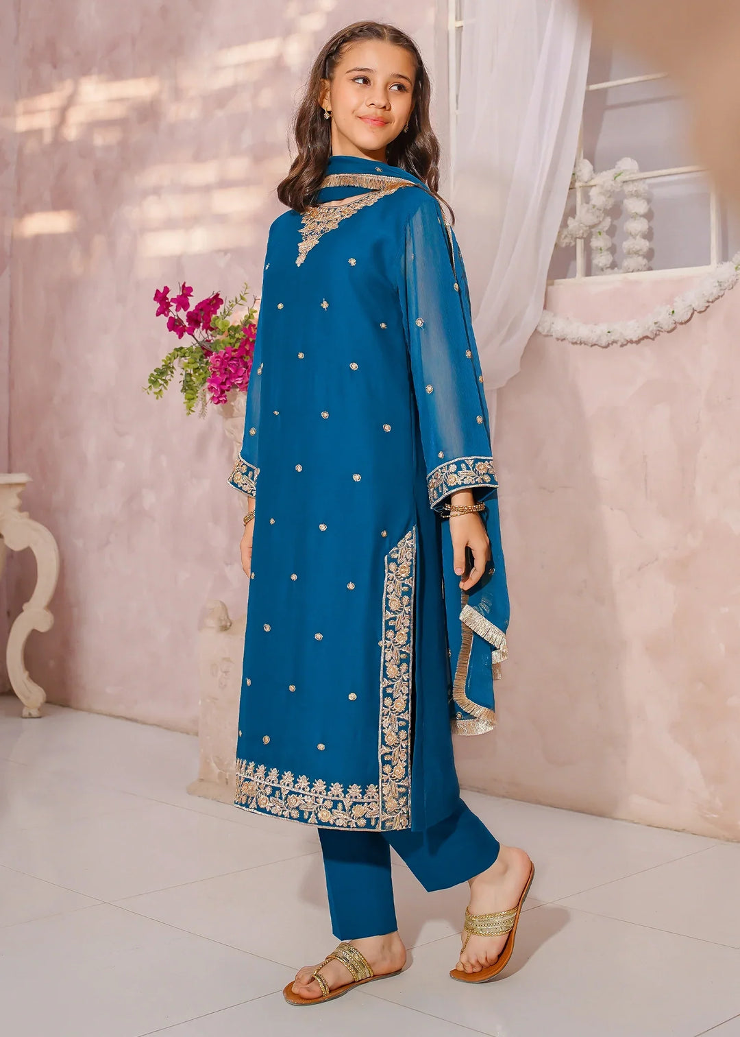 Modest Girls RTW Embroidered Crinkle 3 Piece Suit Blue-C1 Festive Collection