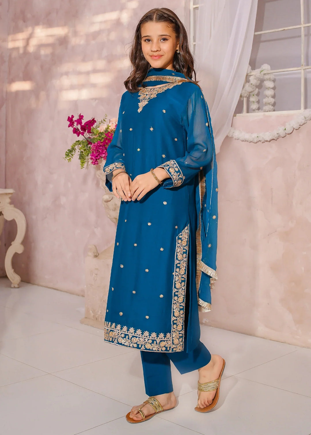 Modest Girls RTW Embroidered Crinkle 3 Piece Suit Blue-C1 Festive Collection
