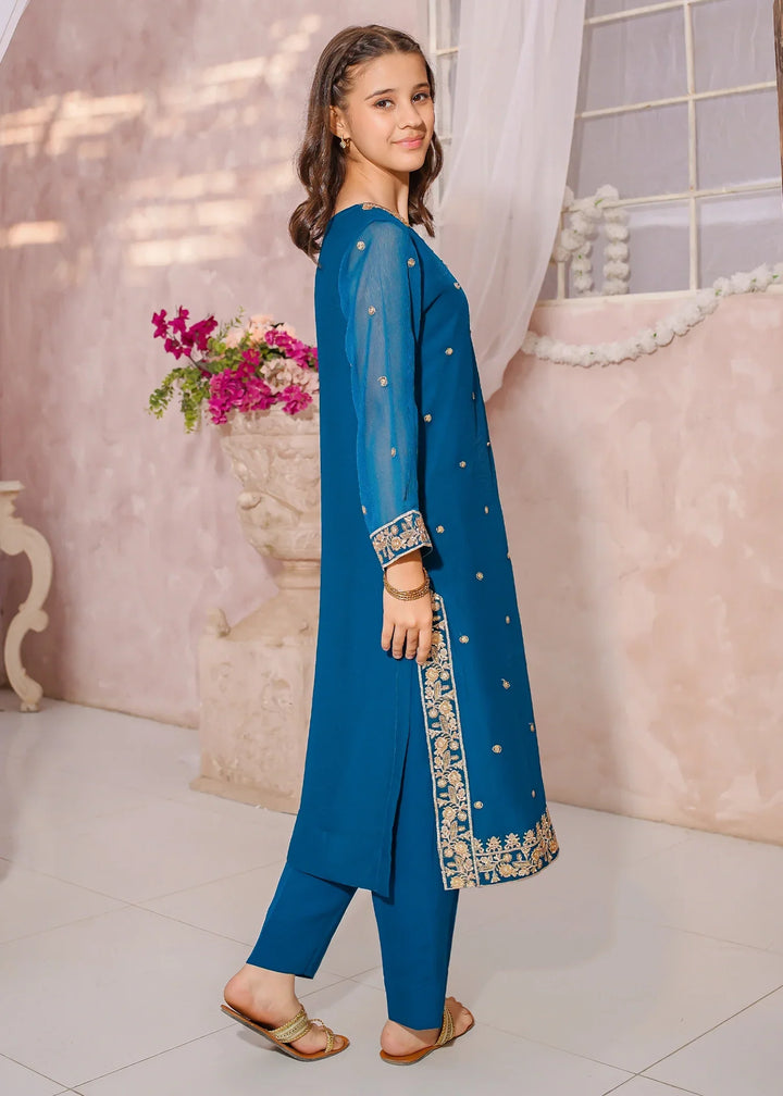 Modest Girls RTW Embroidered Crinkle 3 Piece Suit Blue-C1 Festive Collection