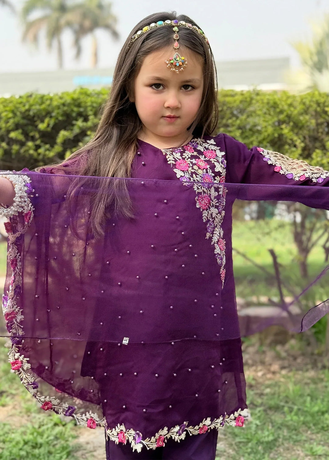 Modest Girls RTW Embroidered Chiffon 3 Piece Suit Pearl Cape Wedding Collection