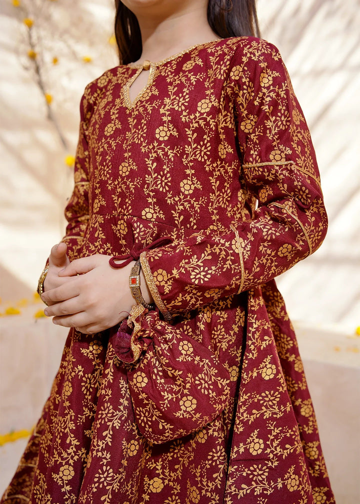 Modest Girls RTW Printed Silk 3 Piece Suit Maroon Frock Wedding Collection
