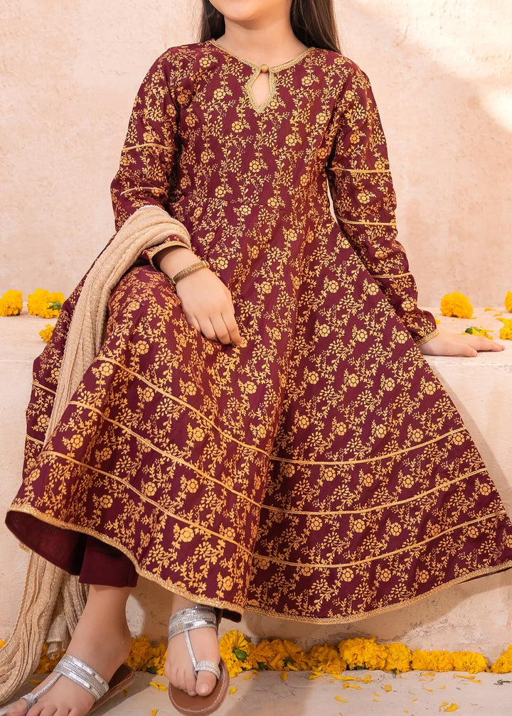 Modest Girls RTW Printed Silk 3 Piece Suit Maroon Frock Wedding Collection