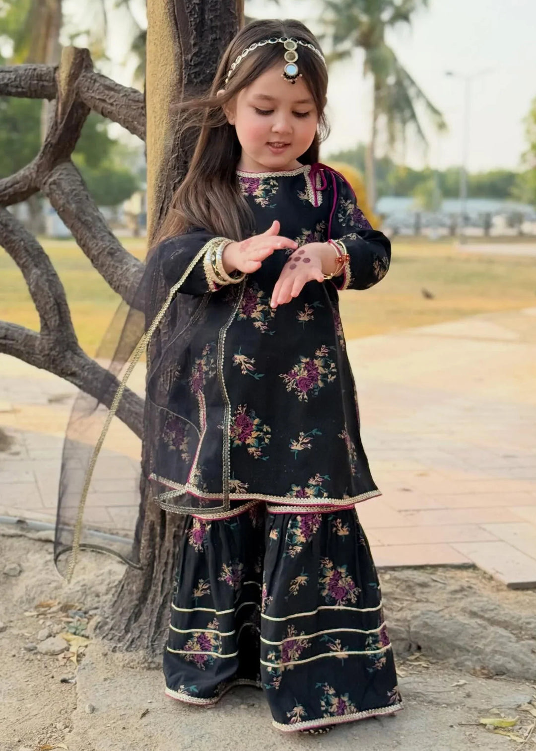 Modest Girls RTW Printed Silk 3 Piece Suit Black Wedding Collection