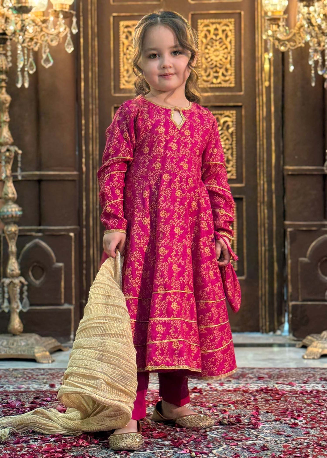 Modest Girls RTW Printed Silk 3 Piece Suit Pink Wedding Collection