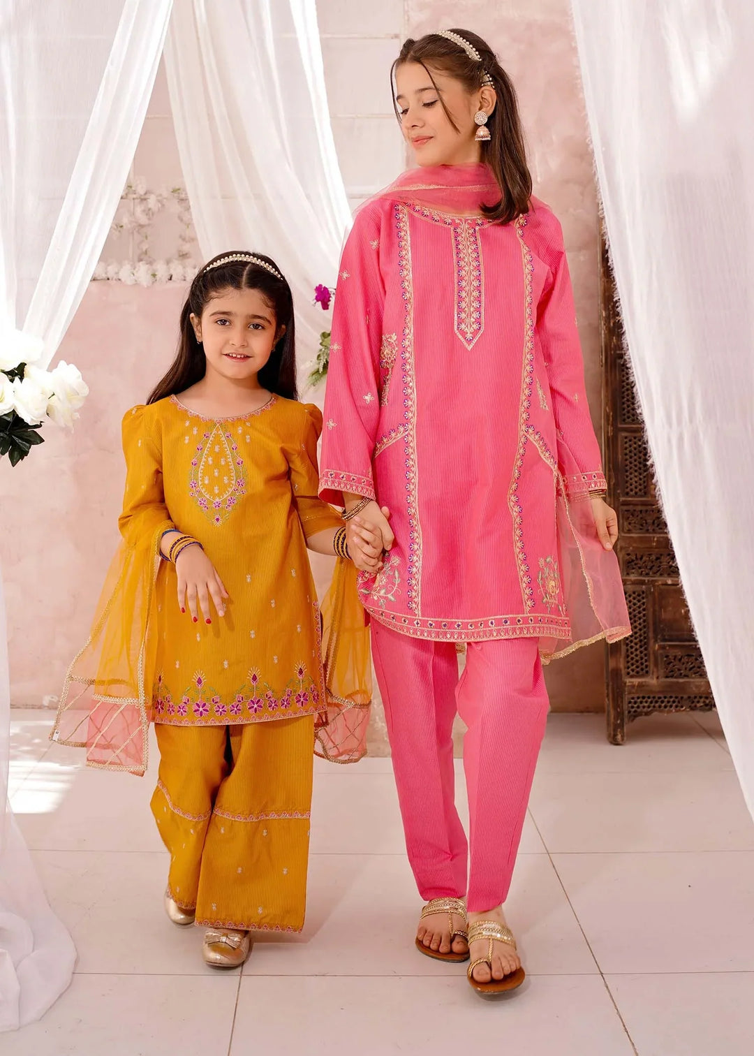 Modest Girls RTW Embroidered Cotton 3 Piece Suit Mustard Festive Collection