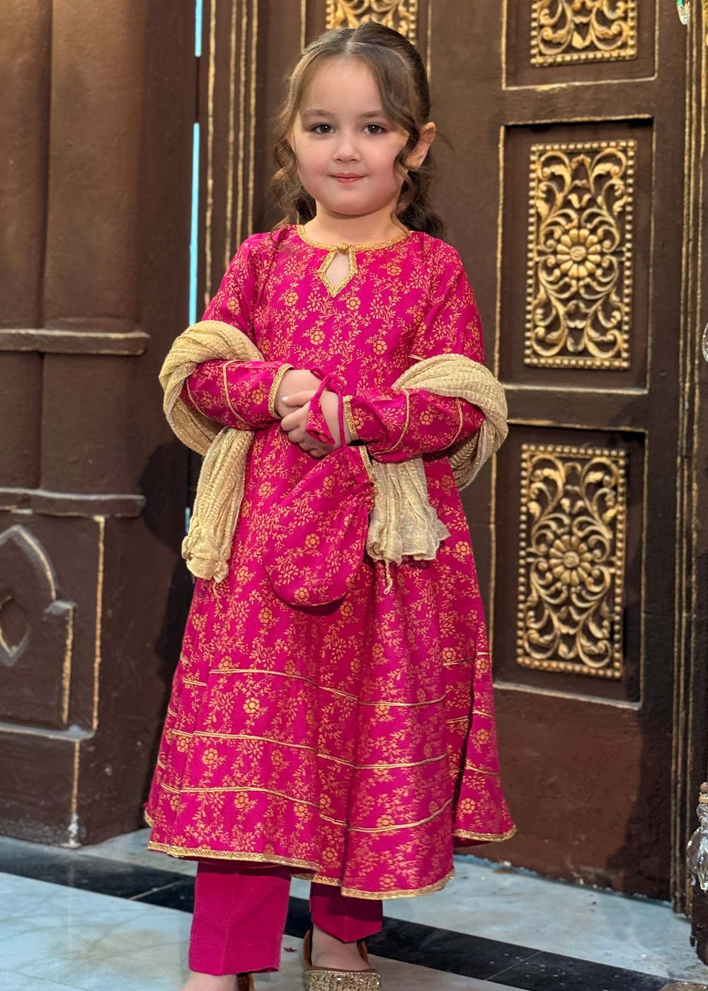 Modest Girls RTW Printed Silk 3 Piece Suit Pink Wedding Collection