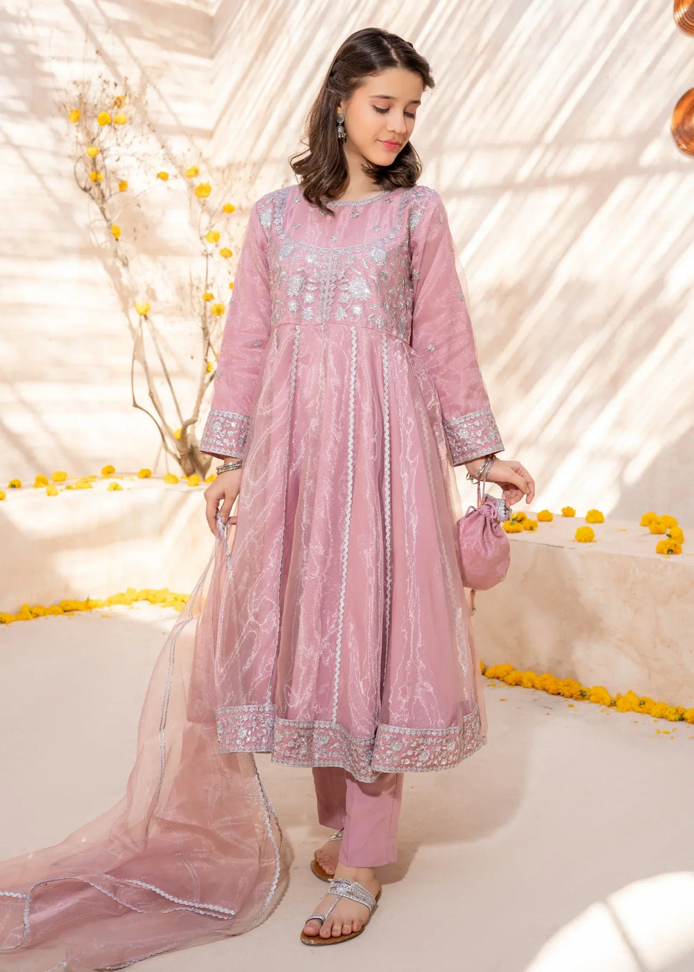 Modest Girls RTW Embroidered Tissue 3 Piece Suit Pink Frock Wedding Collection