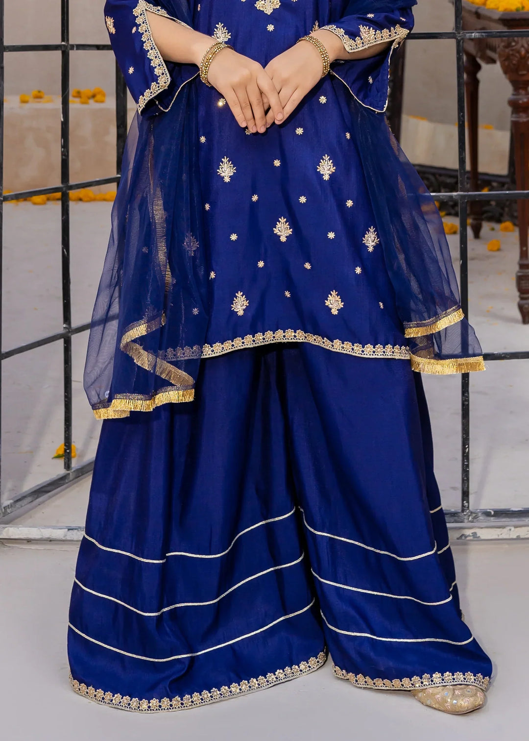 Modest Girls RTW Embroidered Silk 3 Piece Suit Blue Gharara Wedding Collection