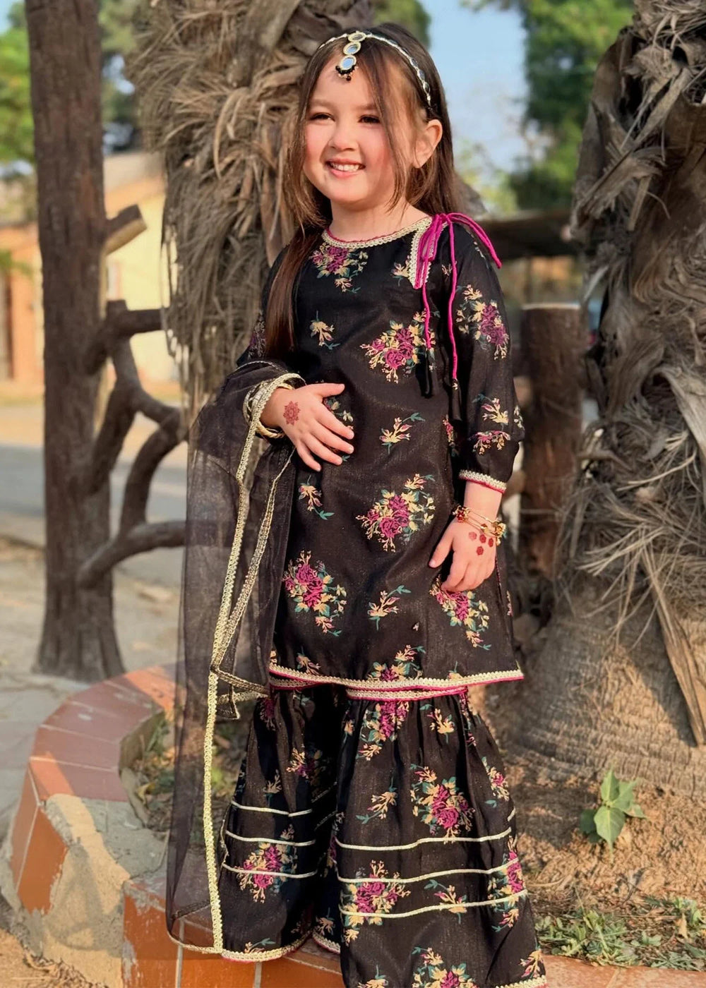 Modest Girls RTW Printed Silk 3 Piece Suit Black Wedding Collection