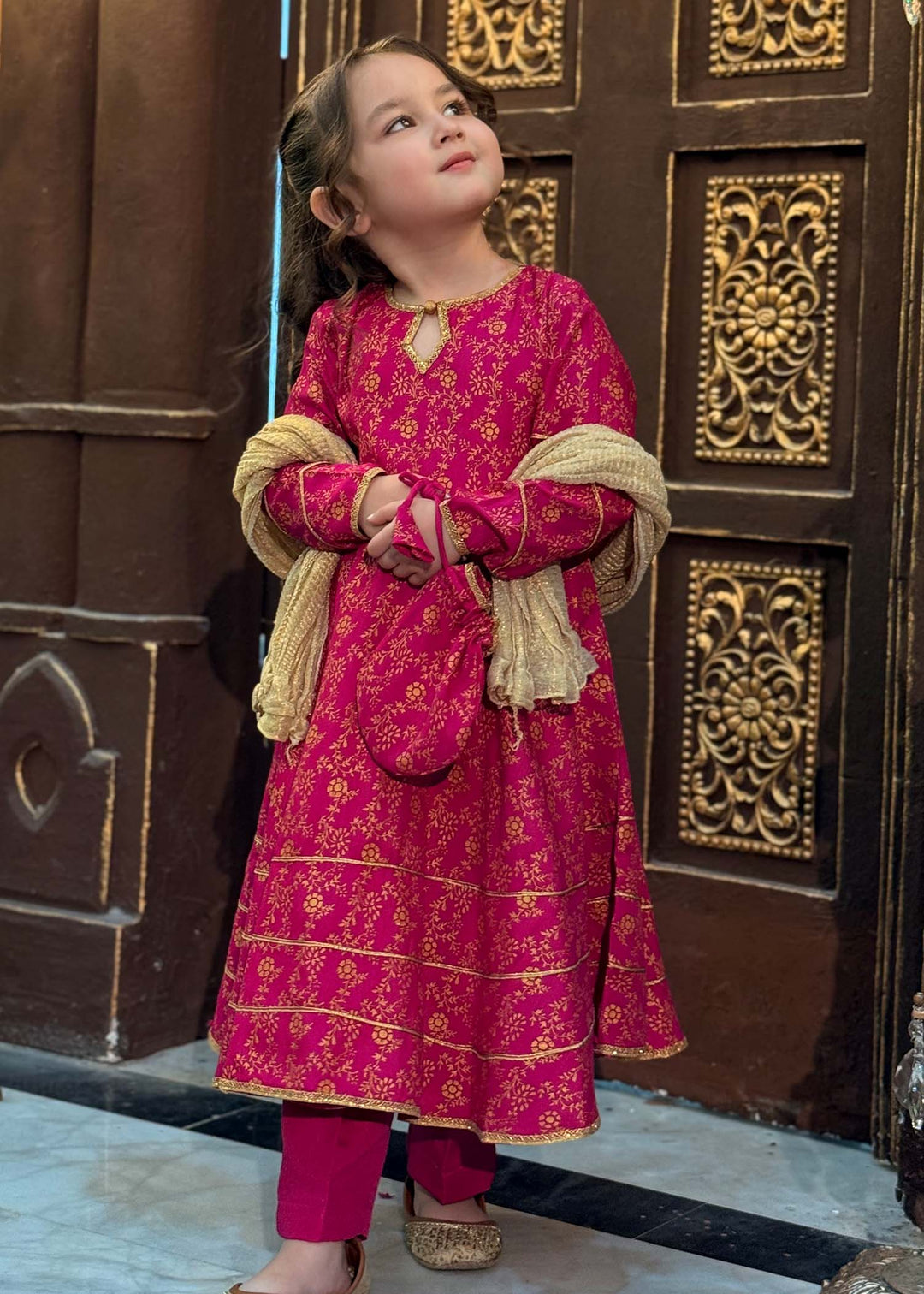 Modest Girls RTW Printed Silk 3 Piece Suit Pink Wedding Collection