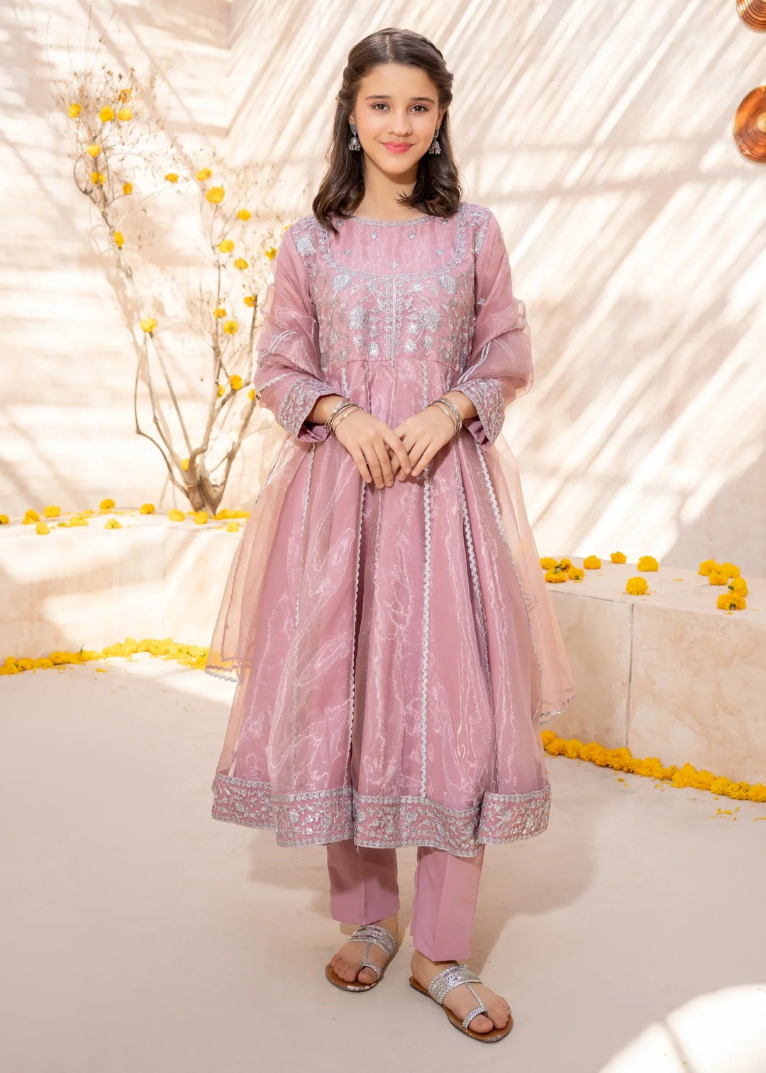 Modest Girls RTW Embroidered Tissue 3 Piece Suit Pink Frock Wedding Collection