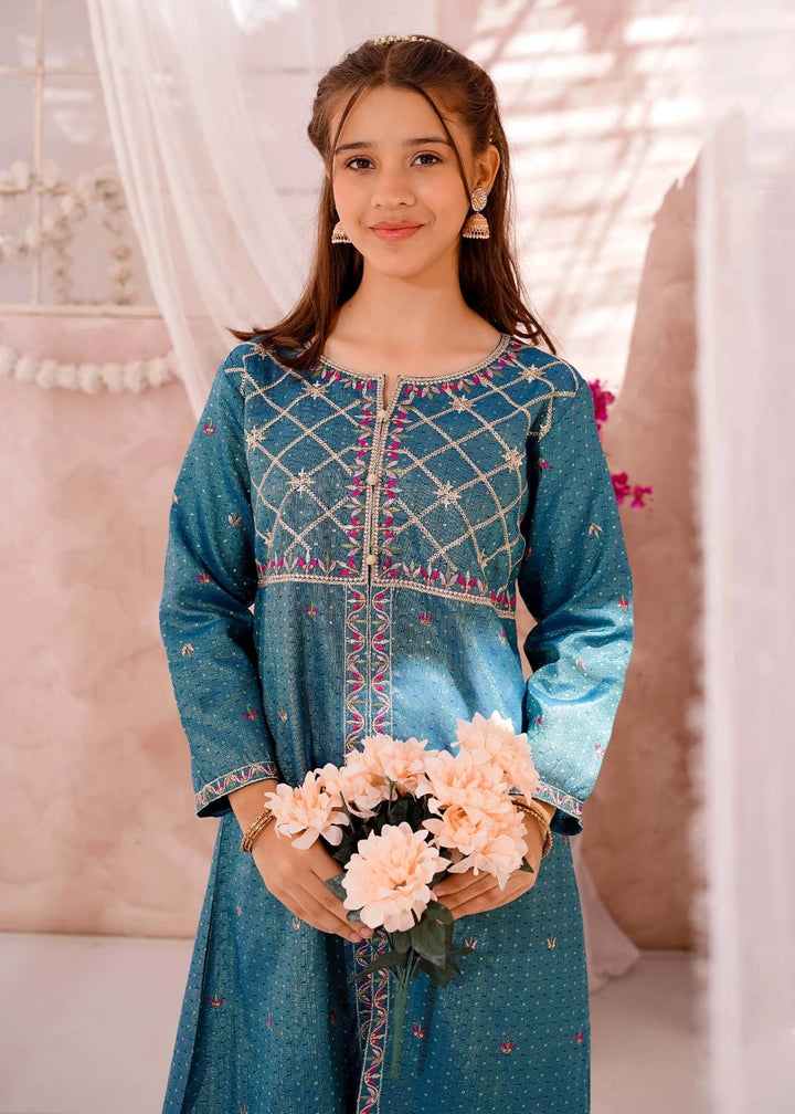 Modest Girls RTW Embroidered Cotton 3 Piece Suit Blue Festive Collection