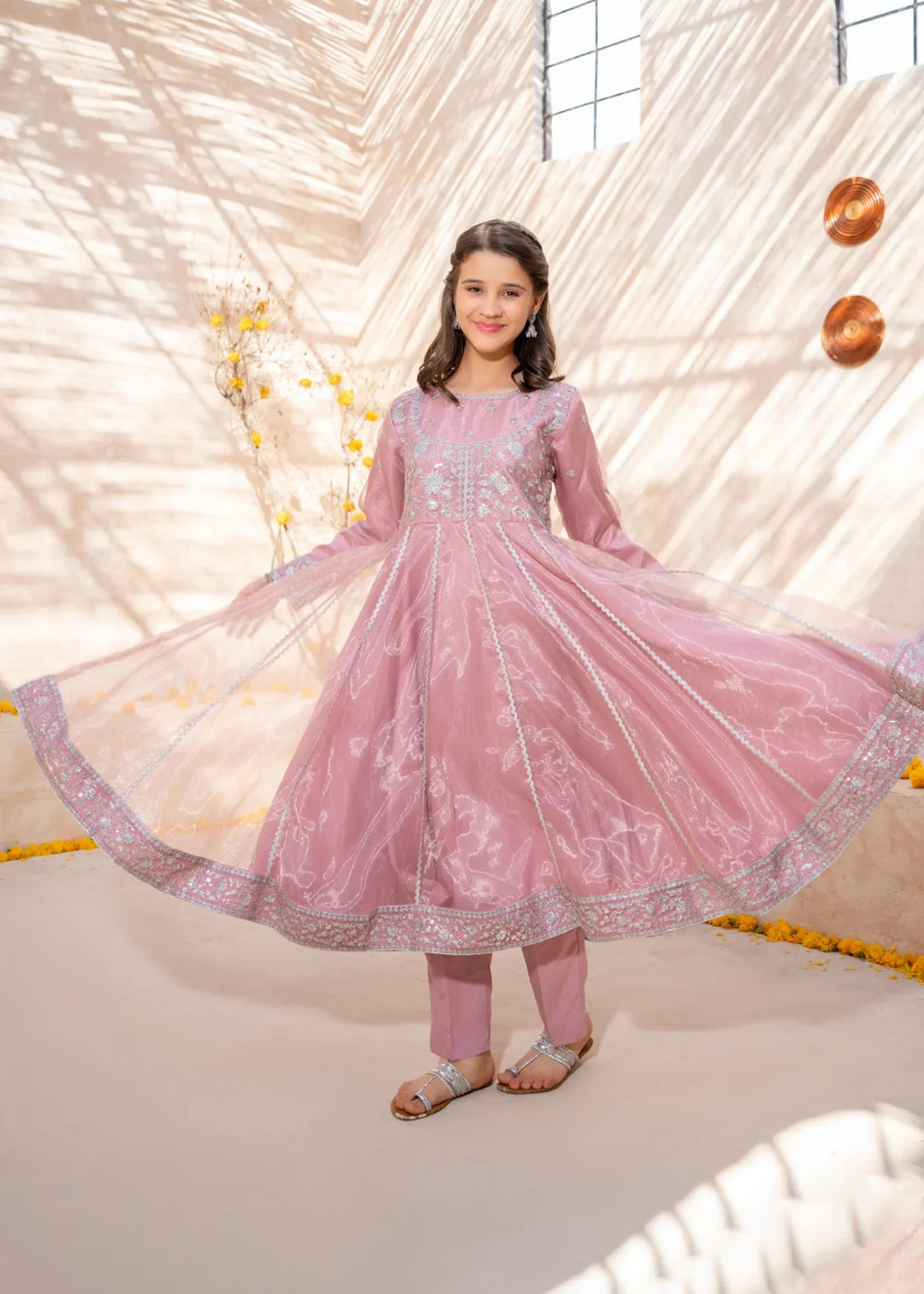 Modest Girls RTW Embroidered Tissue 3 Piece Suit Pink Frock-T Wedding Collection
