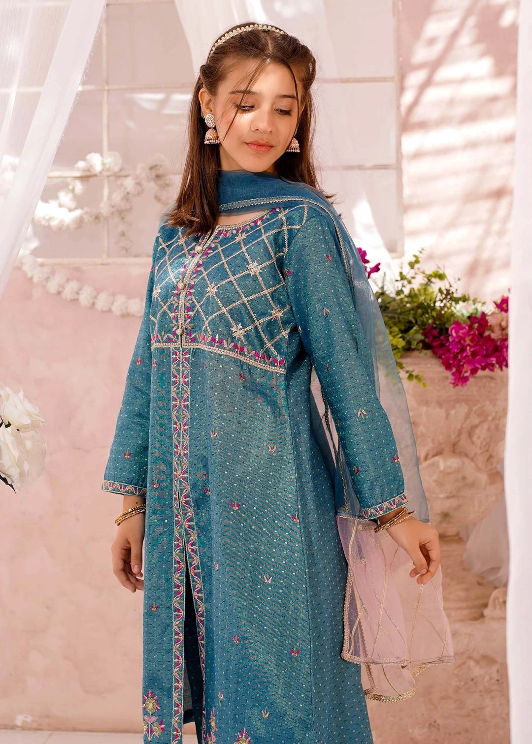 Modest Girls RTW Embroidered Cotton 3 Piece Suit Blue Festive Collection
