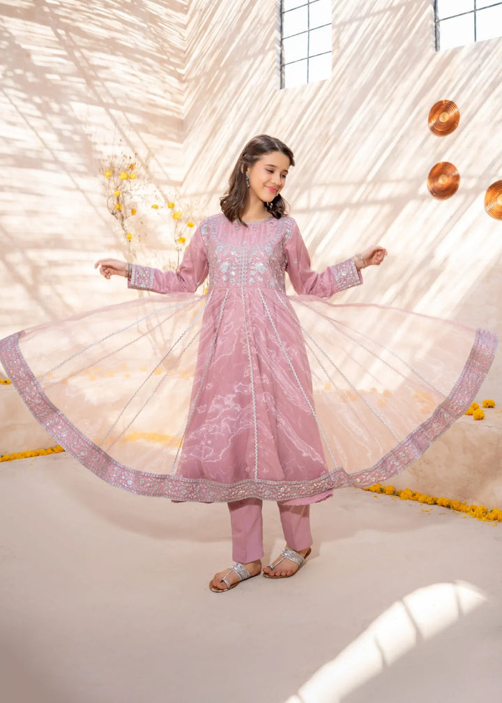 Modest Girls RTW Embroidered Tissue 3 Piece Suit Pink Frock-T Wedding Collection
