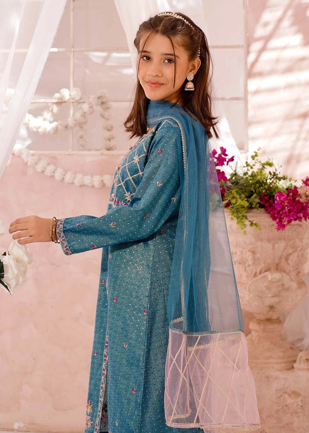 Modest Girls RTW Embroidered Cotton 3 Piece Suit Blue Festive Collection