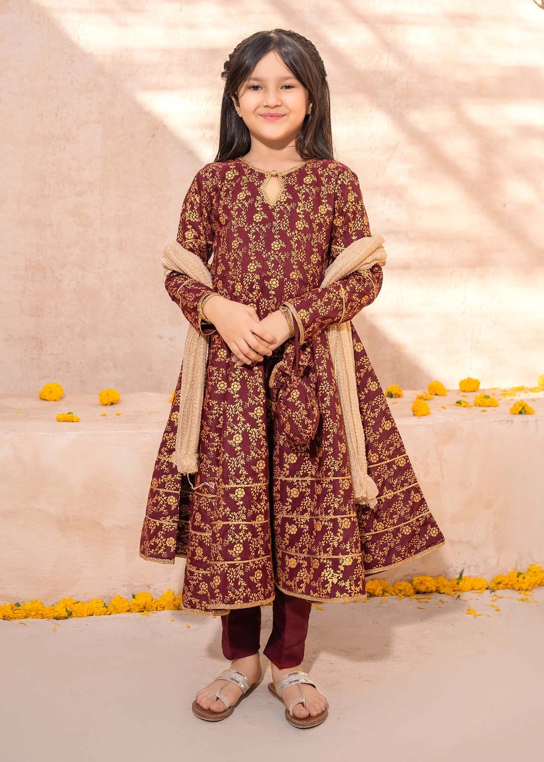 Modest Girls RTW Printed Silk 3 Piece Suit Maroon Frock Wedding Collection