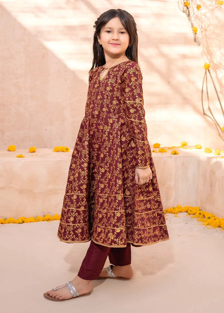 Modest Girls RTW Printed Silk 3 Piece Suit Maroon Frock Wedding Collection