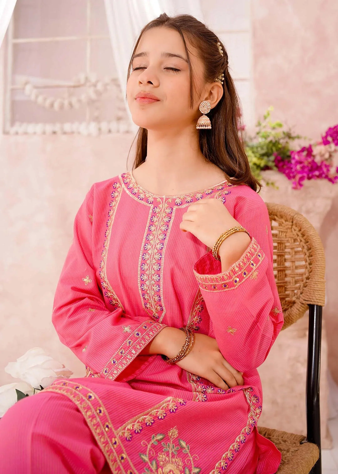 Modest Girls RTW Embroidered Cotton 3 Piece Suit Pink Festive Collection