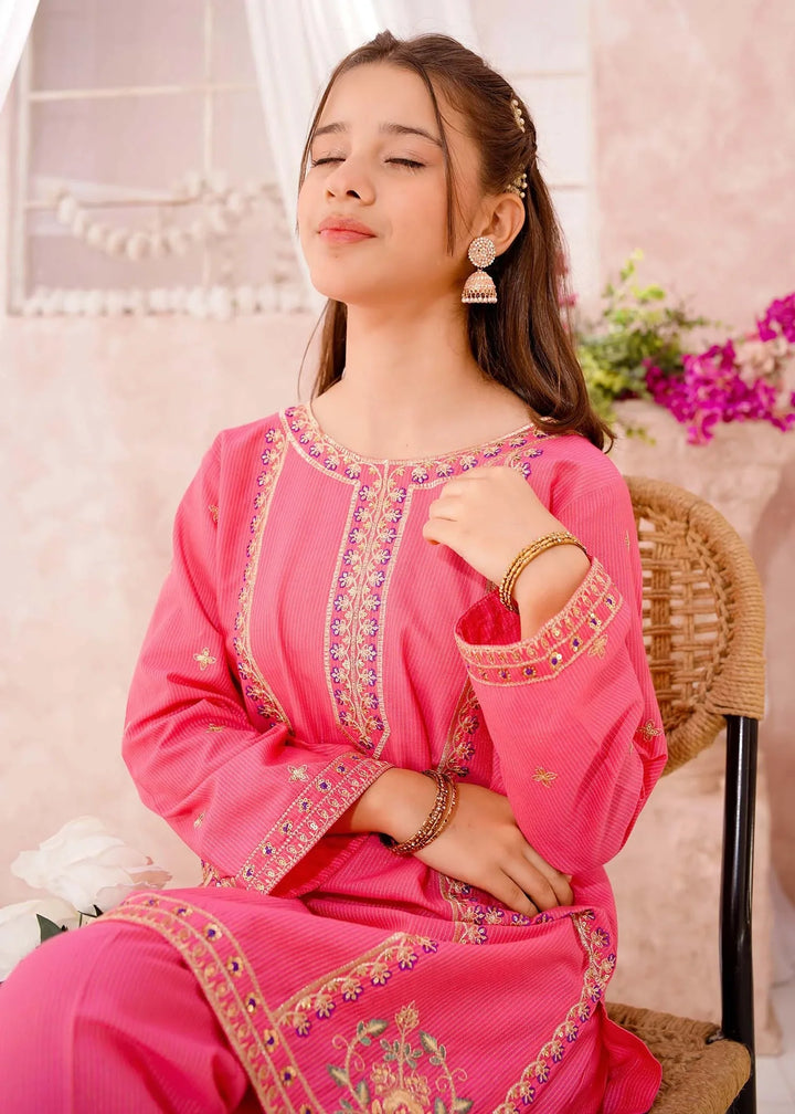 Modest Girls RTW Embroidered Cotton 3 Piece Suit Pink Festive Collection