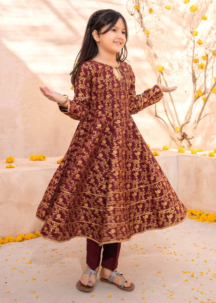 Modest Girls RTW Printed Silk 3 Piece Suit Maroon Frock Wedding Collection