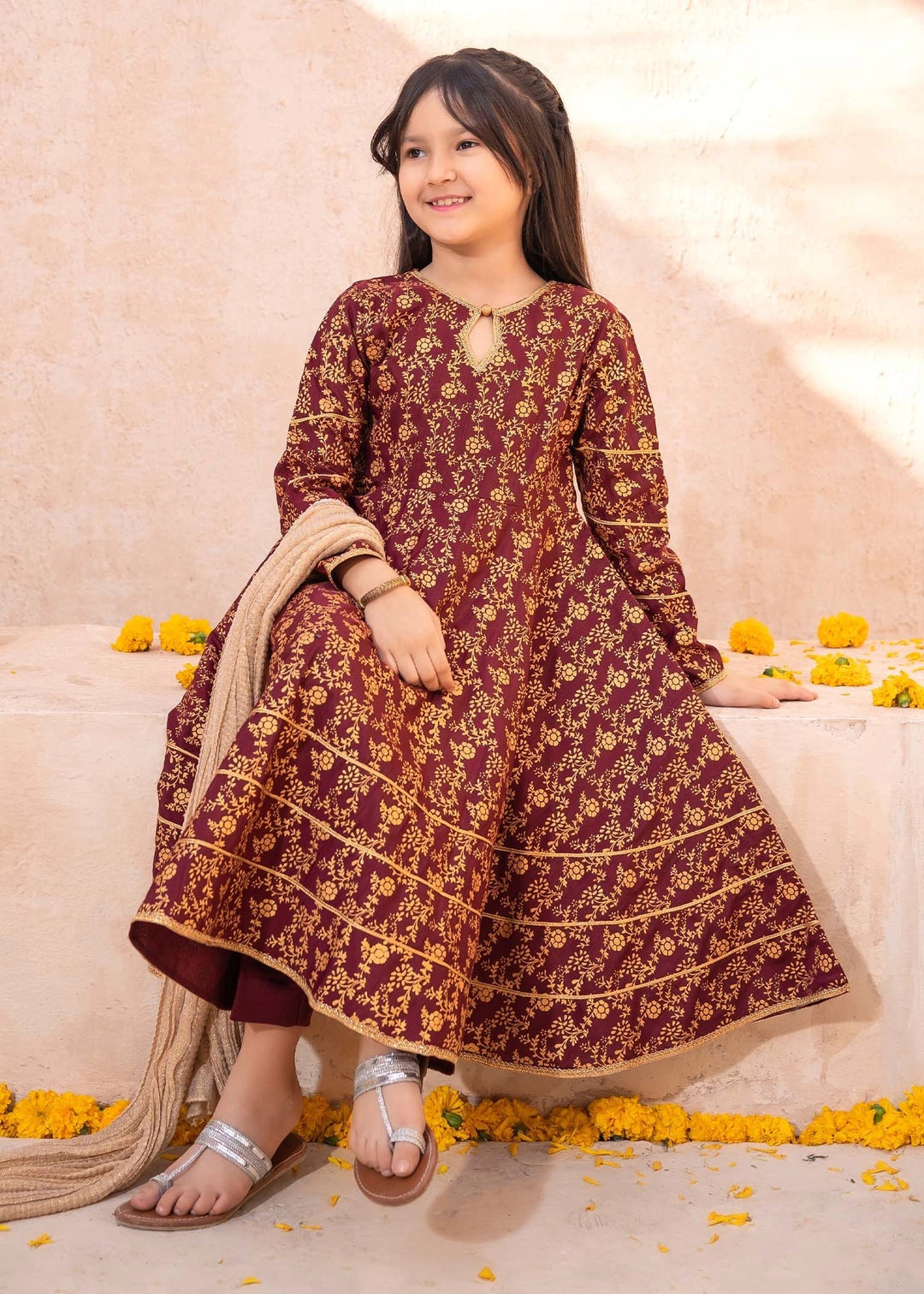 Modest Girls RTW Printed Silk 3 Piece Suit Maroon Frock Wedding Collection