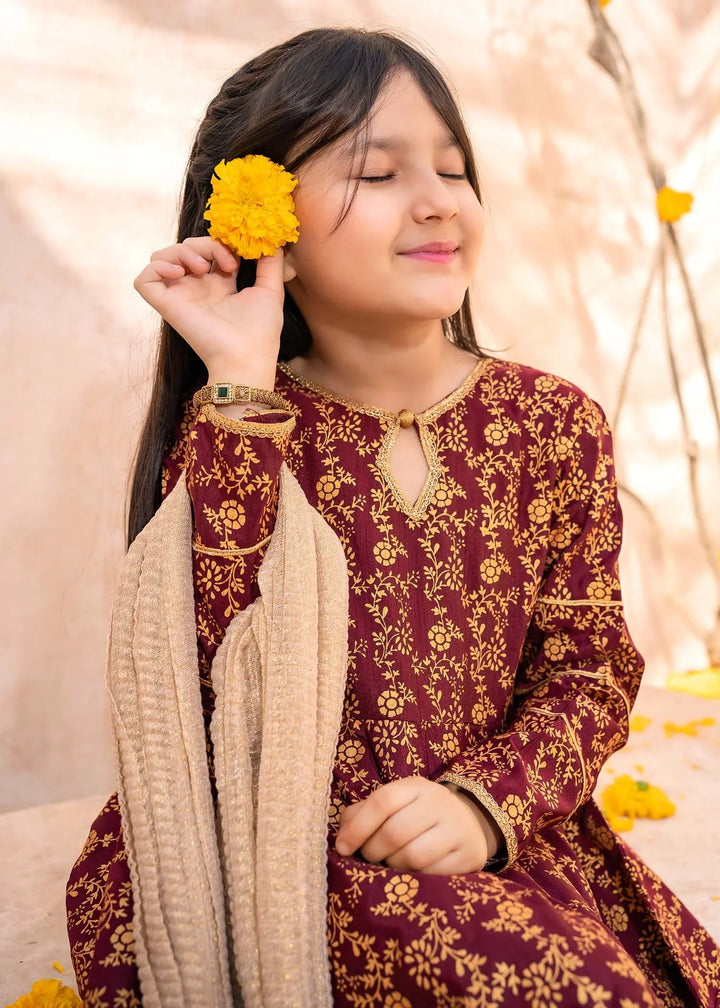 Modest Girls RTW Printed Silk 3 Piece Suit Maroon Frock Wedding Collection