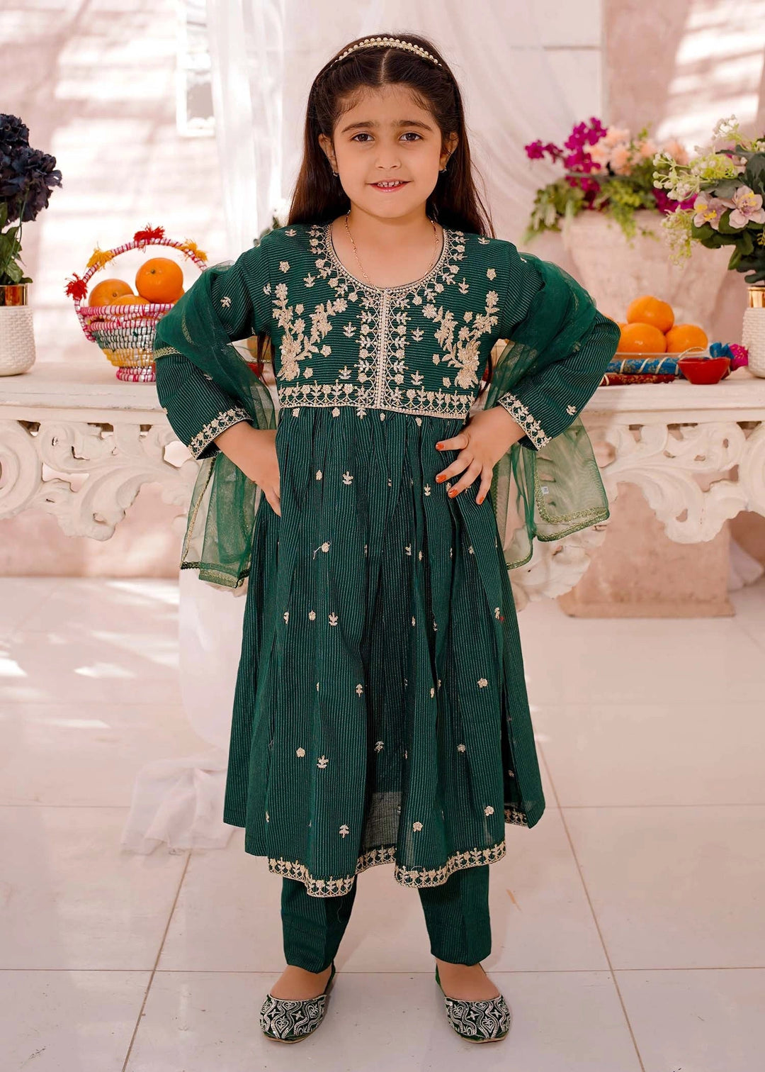 Modest Girls RTW Embroidered Cotton 3 Piece Suit Green Festive Collection