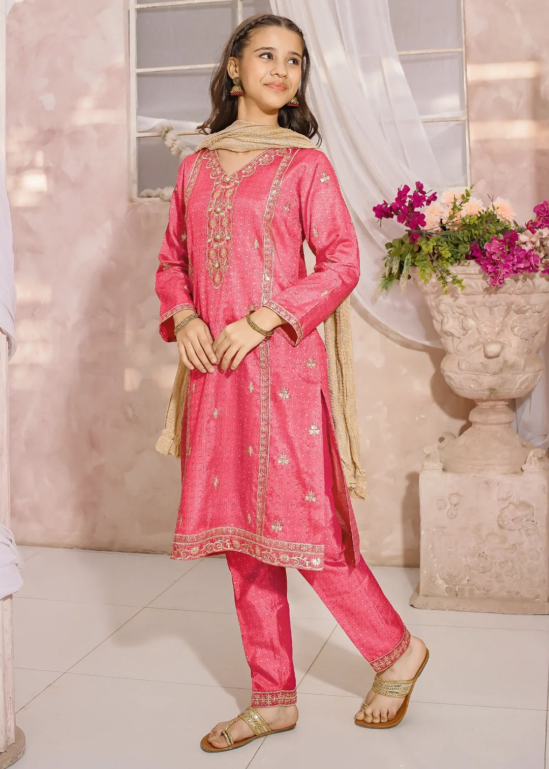 Modest Girls RTW Embroidered Mesuri 3 Piece Suit Pink-M1 Festive Collection