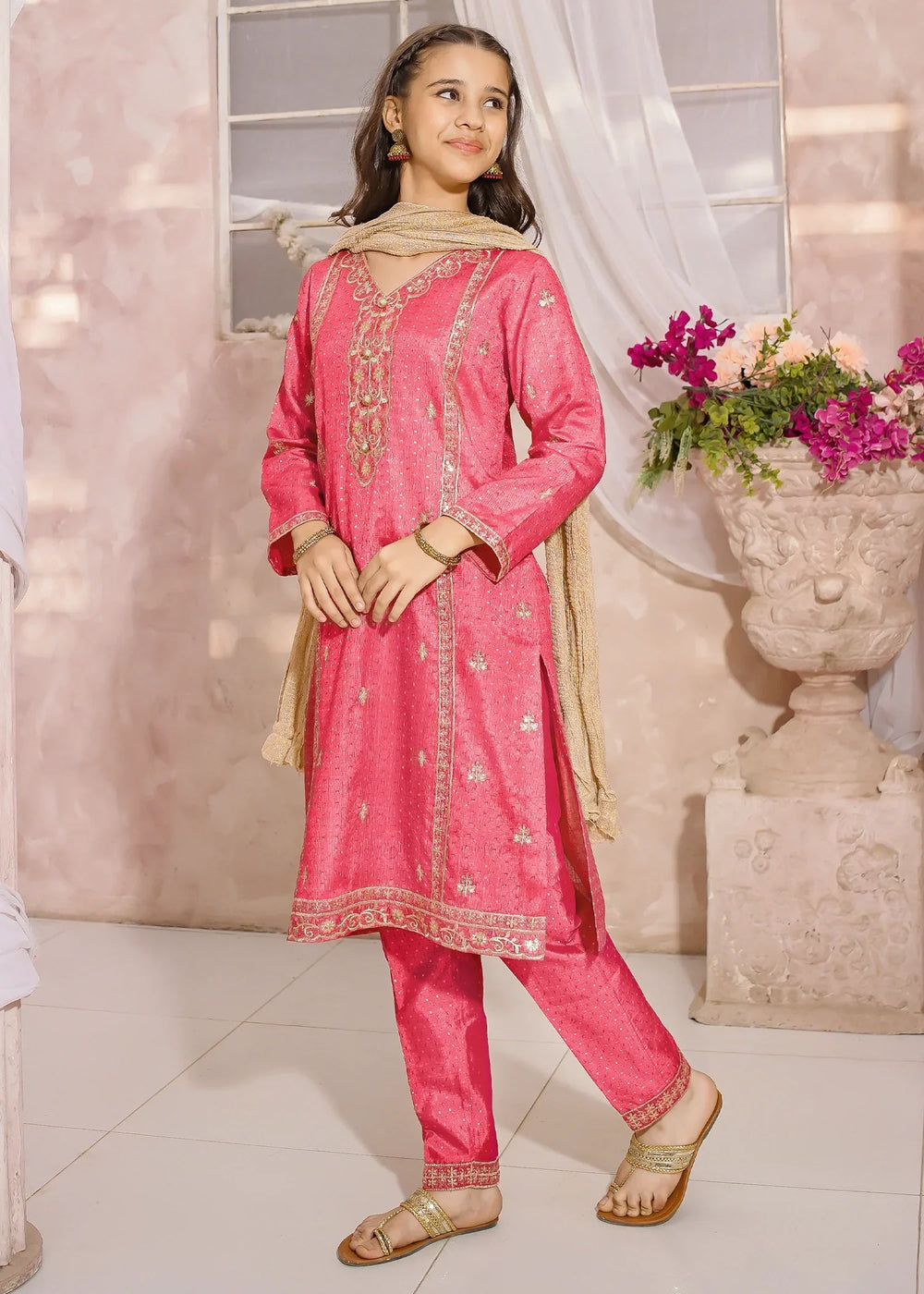 Modest Girls RTW Embroidered Mesuri 3 Piece Suit Pink-M1 Festive Collection