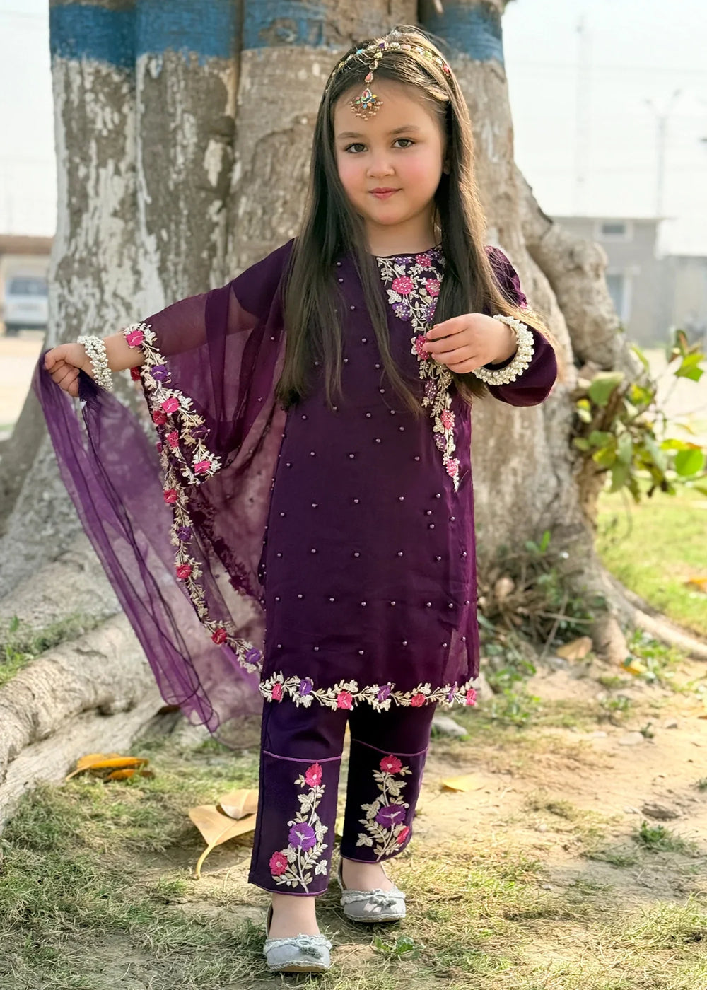 Modest Girls RTW Embroidered Chiffon 3 Piece Suit Pearl Cape Wedding Collection