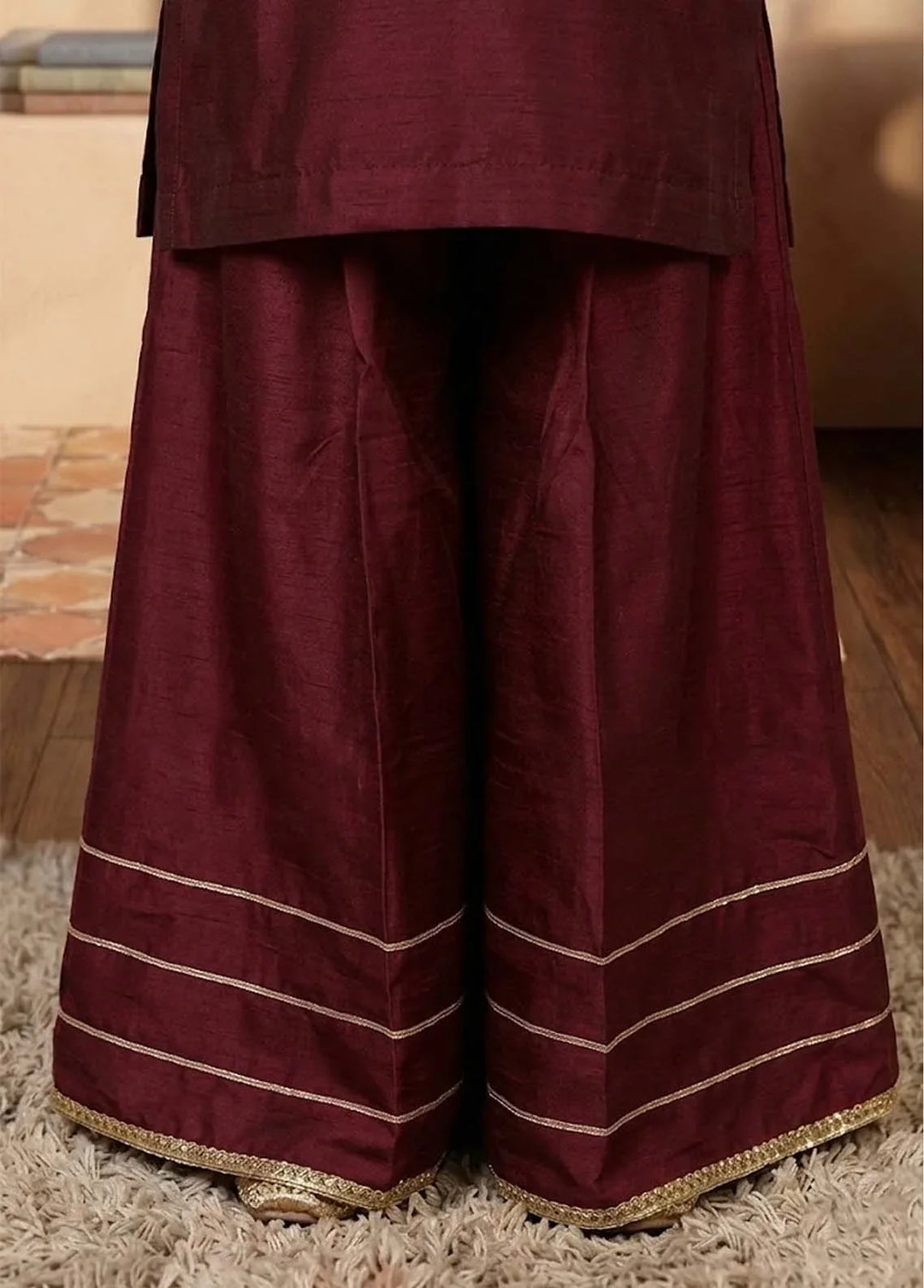 Modest Girls RTW Embroidered Viscose 3 Piece Suit Maroon Wedding Collection