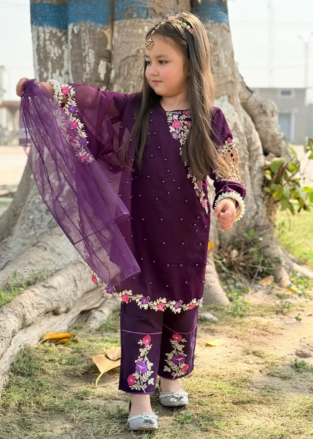 Modest Girls RTW Embroidered Chiffon 3 Piece Suit Pearl Cape Wedding Collection