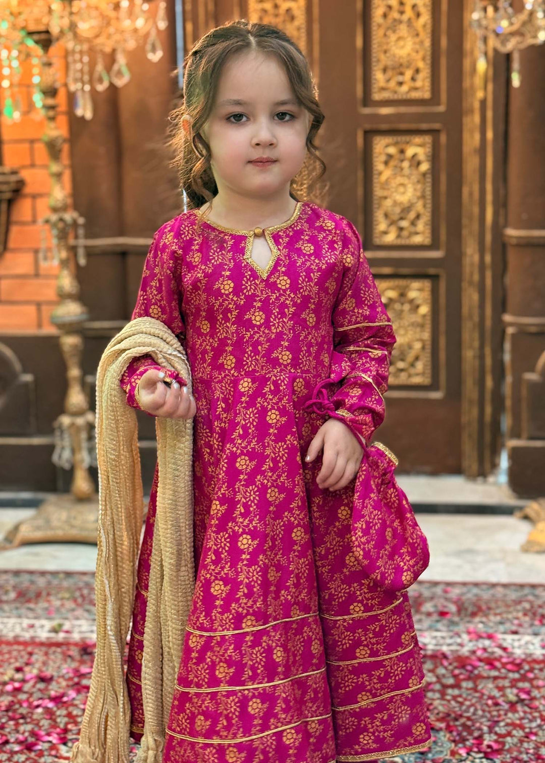 Modest Girls RTW Printed Silk 3 Piece Suit Pink Wedding Collection