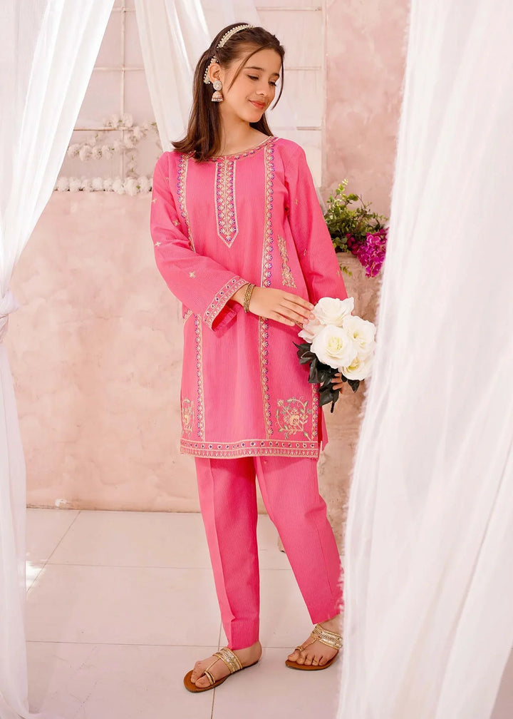 Modest Girls RTW Embroidered Cotton 3 Piece Suit Pink Festive Collection