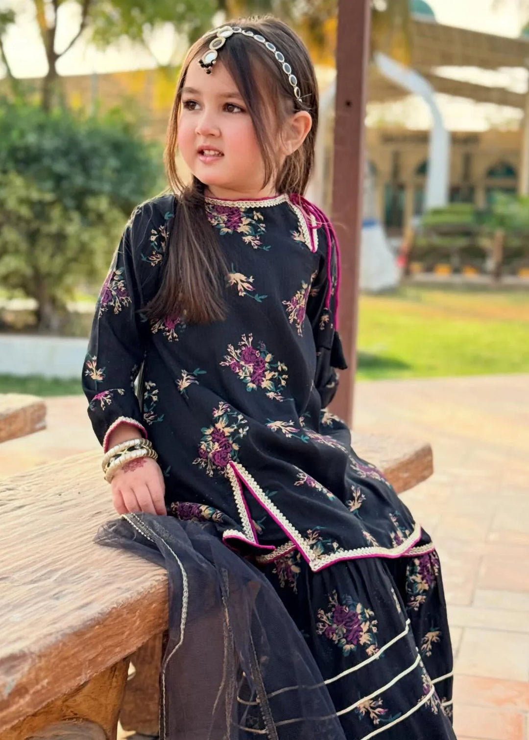 Modest Girls RTW Printed Silk 3 Piece Suit Black Wedding Collection