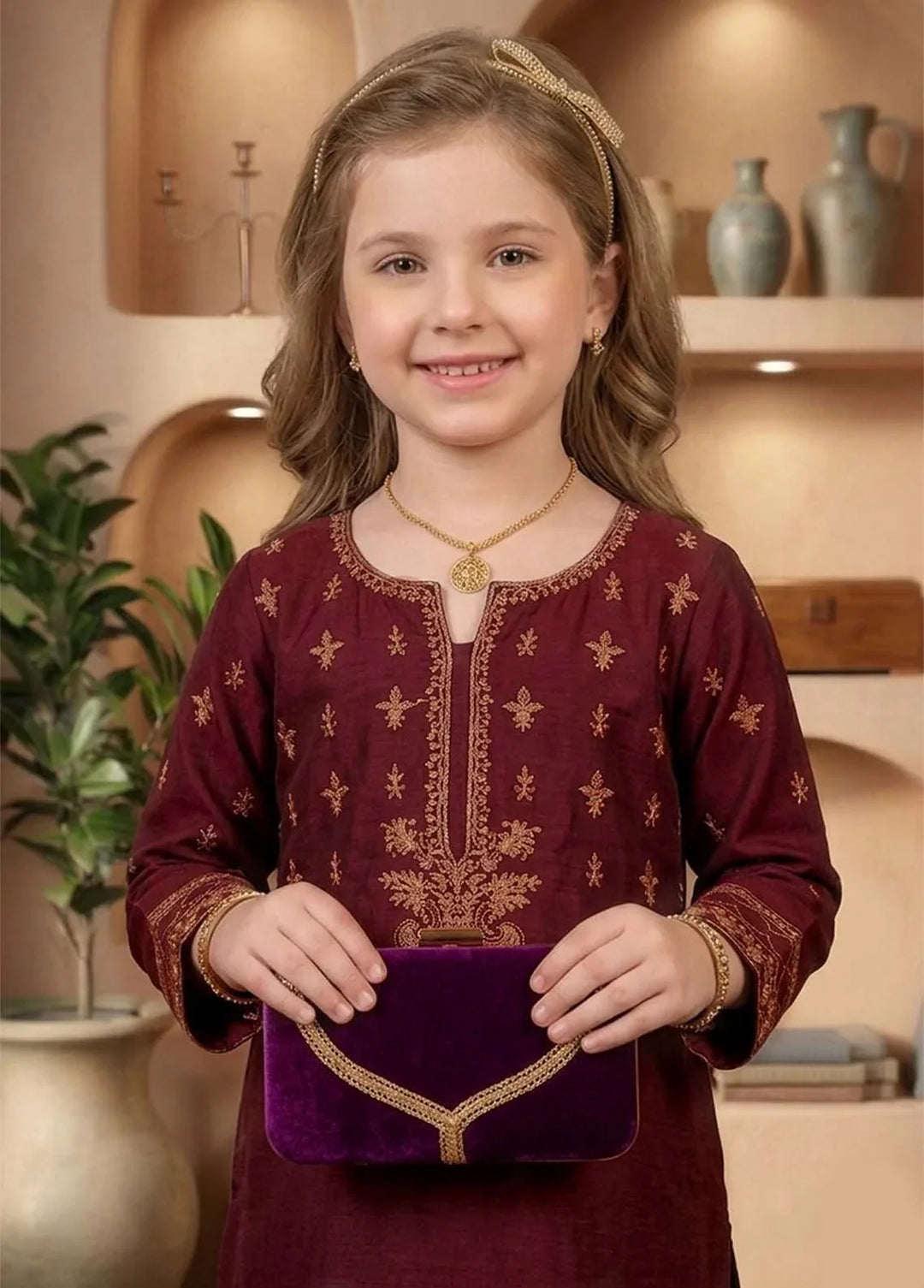 Modest Girls RTW Embroidered Viscose 3 Piece Suit Maroon Wedding Collection