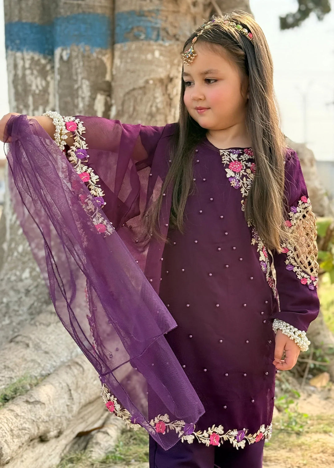 Modest Girls RTW Embroidered Chiffon 3 Piece Suit Pearl Cape Wedding Collection