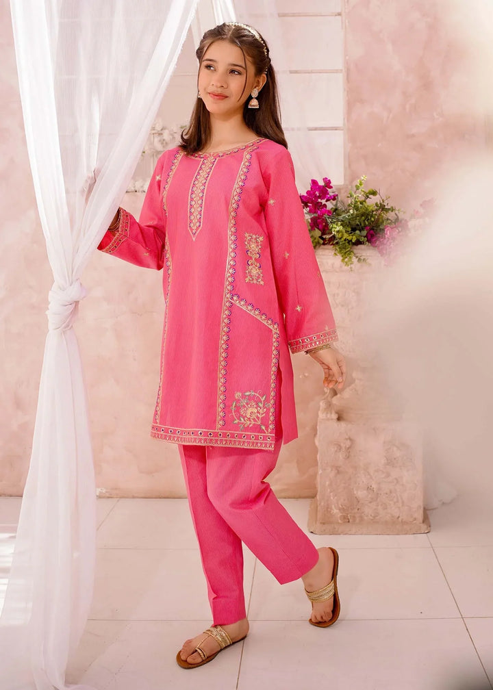 Modest Girls RTW Embroidered Cotton 3 Piece Suit Pink Festive Collection