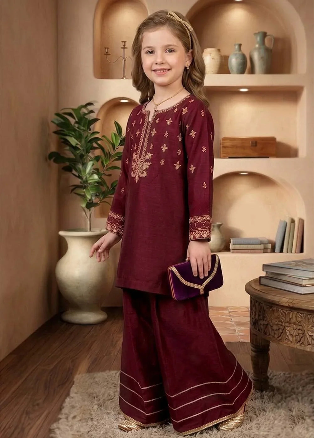 Modest Girls RTW Embroidered Viscose 3 Piece Suit Maroon Wedding Collection